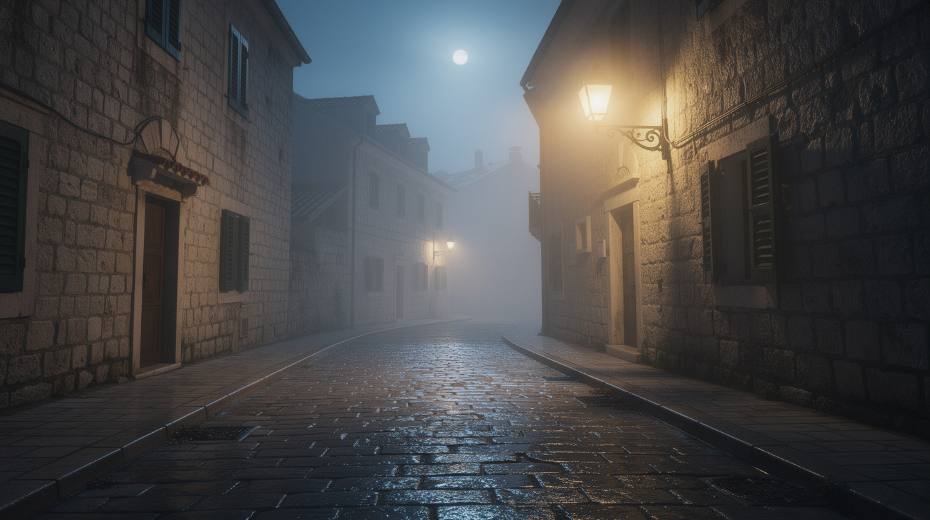 Foggy cobblestone old town street lit by a lantern at night