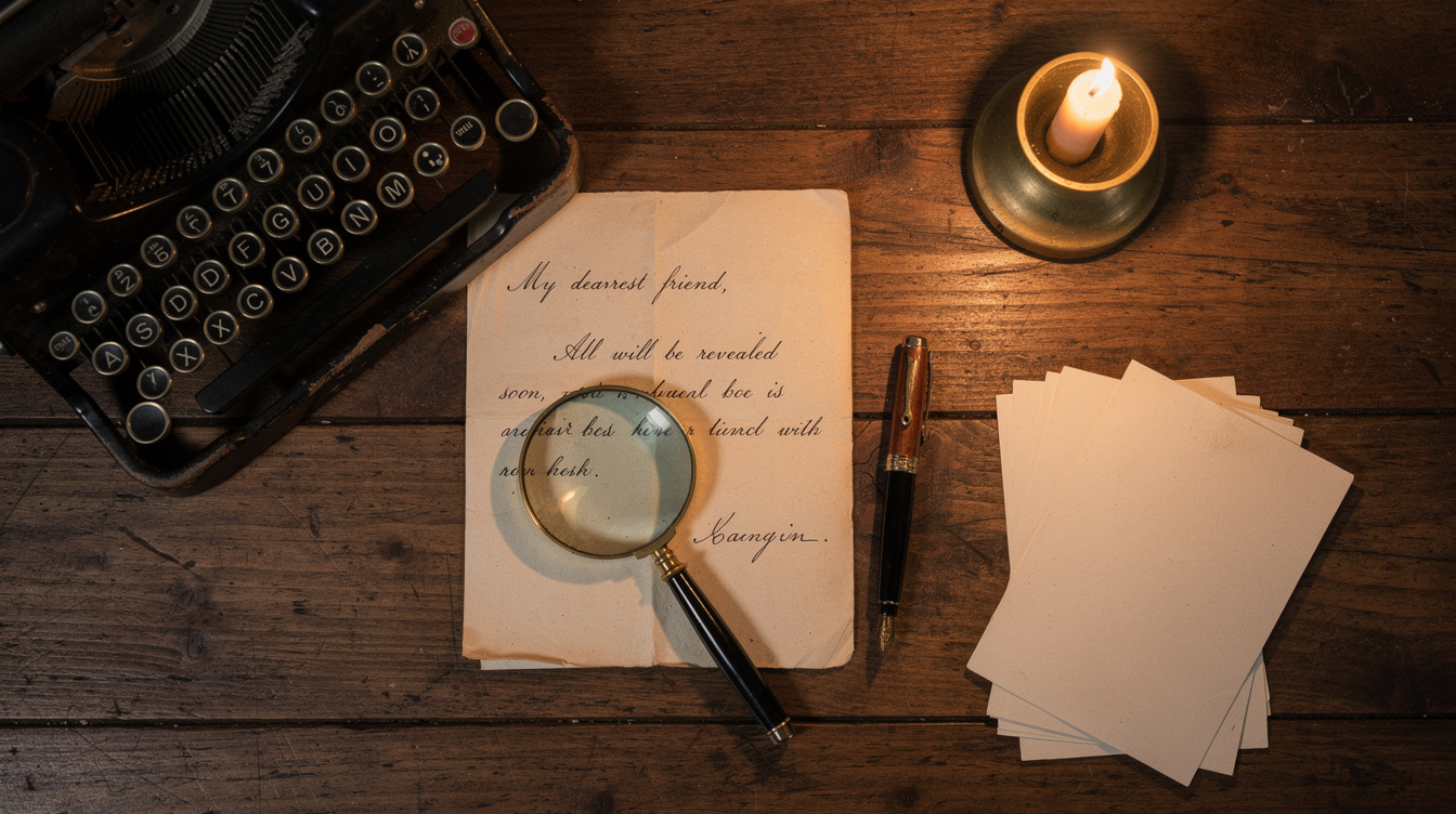 Vintage detective desk with magnifying glass, old letters and a typewriter