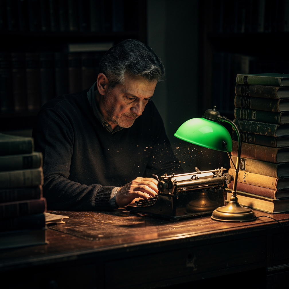 Croatian male writer sitting at a wooden desk with a typewriter and stacks of books