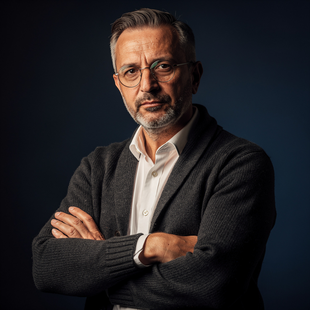 Studio portrait of a Croatian male mystery novelist in his fifties wearing a dark cardigan